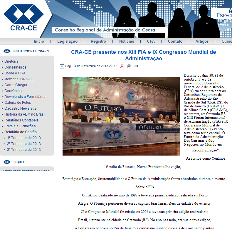 CRA-CE presente nos XIII FIA e IX Congresso Mundial de Administração